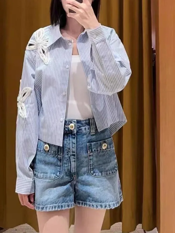 Conjunto de Csa de Aodón Estilo Francés con Bordado Calado Deco con Diamantes, Rayas Azules, Cuello Csero y Falda...