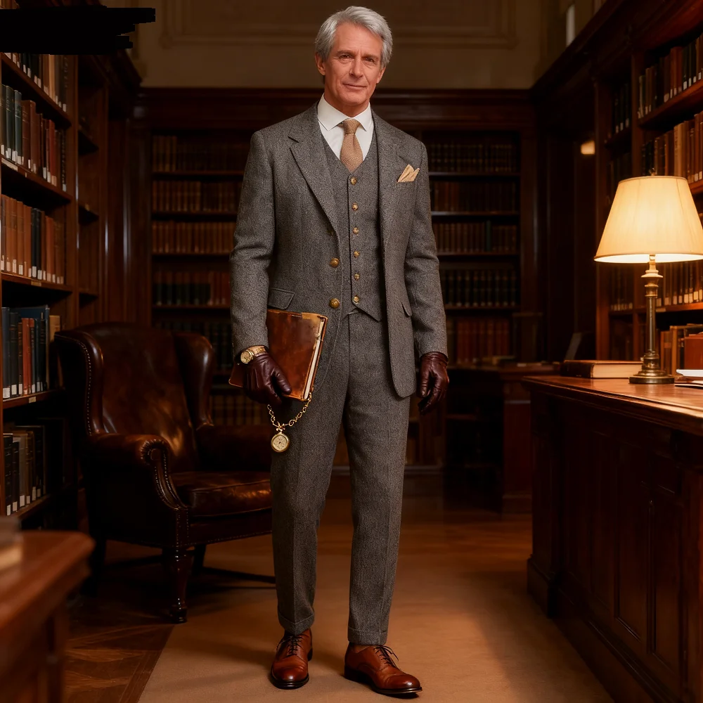 

Brown Tweed Sharkskin Men's Formal Suit 3-Piece Smoking Jacket Vest Trousers Business Wedding Grooming