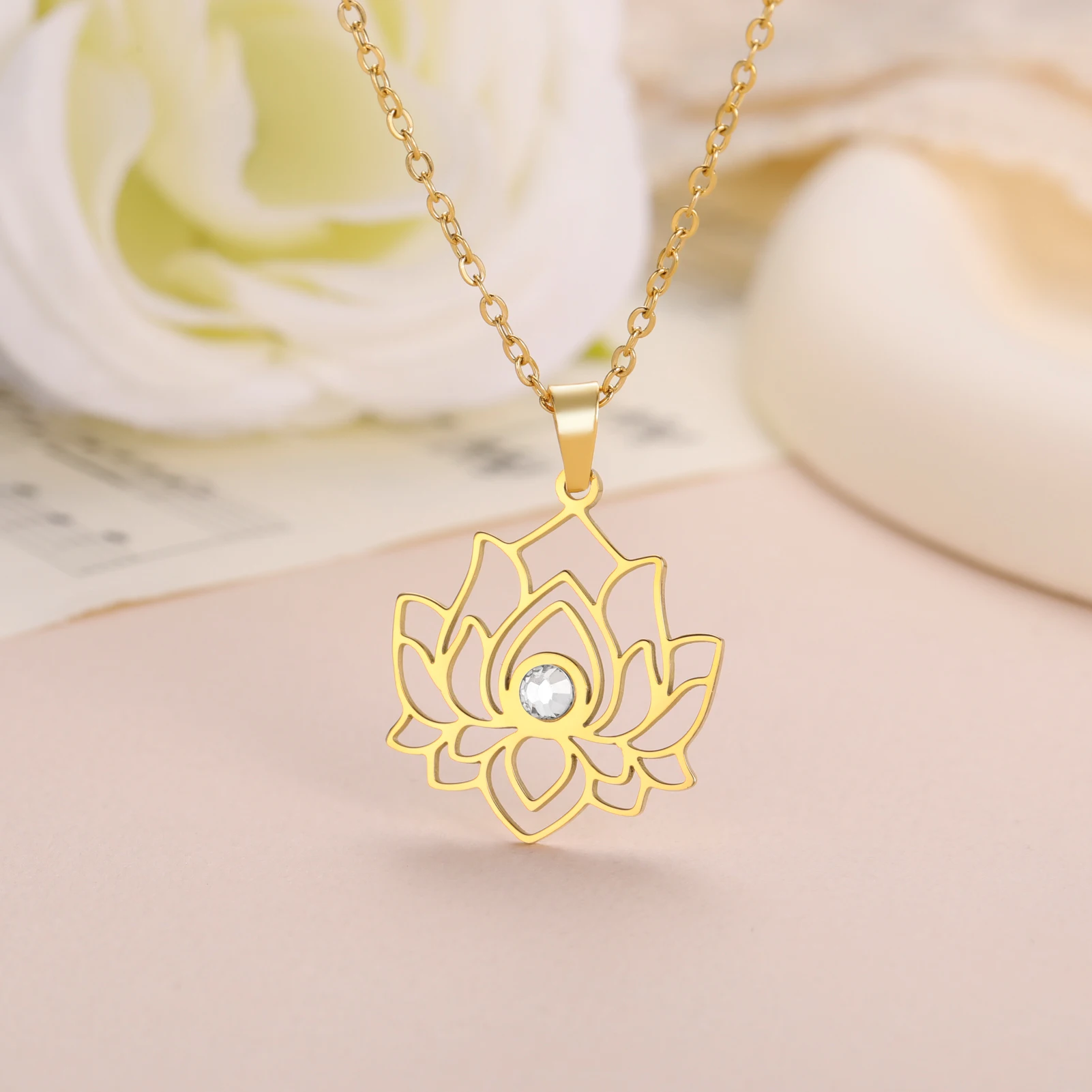 Skyrim Lotus Flower Necklace Women Stainless Steel Clear Zircon Pendant Neck Chain Yoga Chakra Buddhism Jewelry Christmas Gifts
