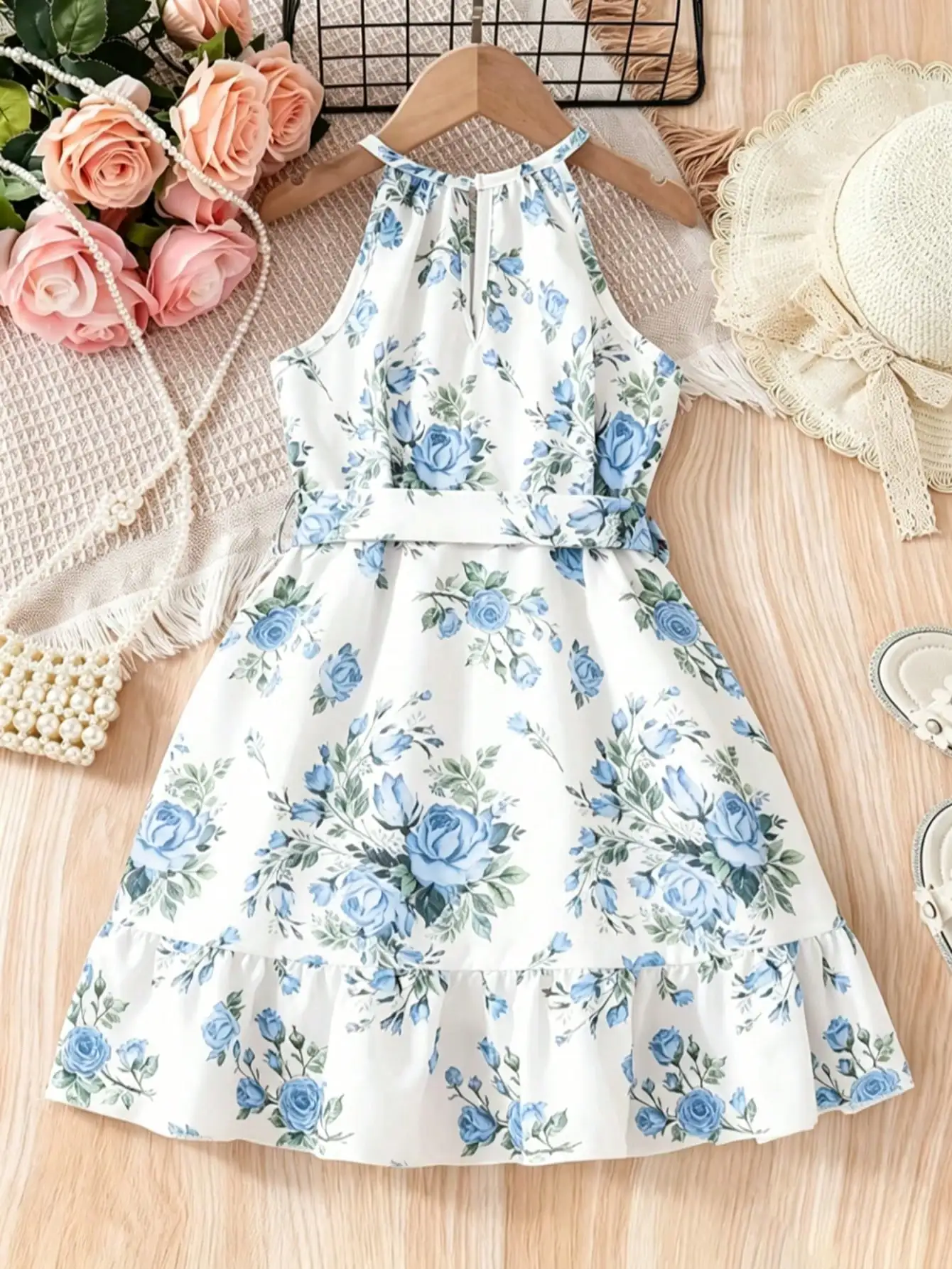 Mädchenkleid mit Blumenmuster, lässig, bequem, mit Rundhalsausschnitt, ärmellos, mit Taillenbund zum Binden, mittellanger Rock für Kinder. – Detail 10