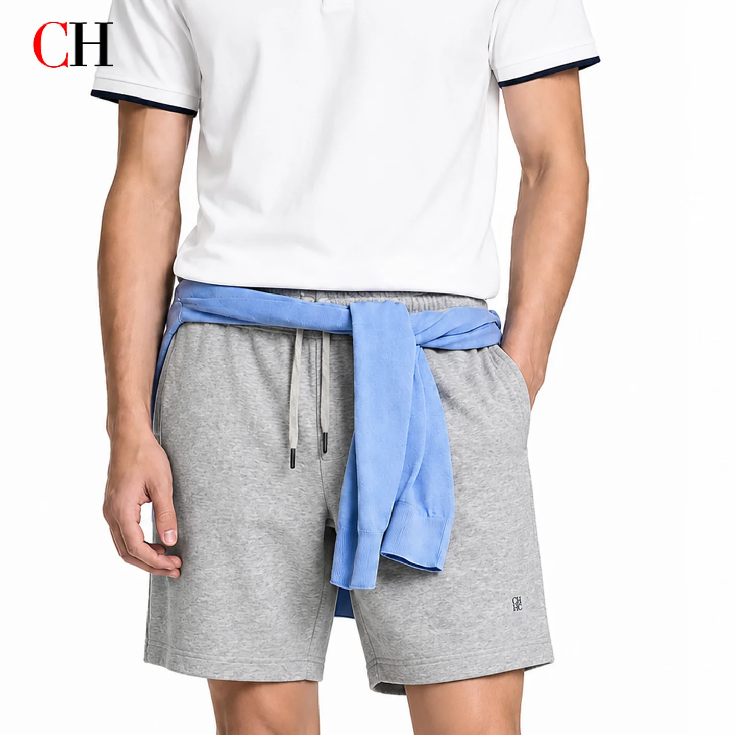 CH Men Heather Grey Drawstring Waist Knee Length Sweat Shorts Tiny Dark CH Embroidery Lower Right Hem Gym Daily Casual Outfit