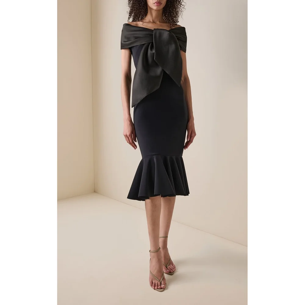 

Simple Black Off-the-shoulder Short Sleeves Mermaid Knee Length Evening Dresses For Women Elegant Ruffles Formal Event Dress