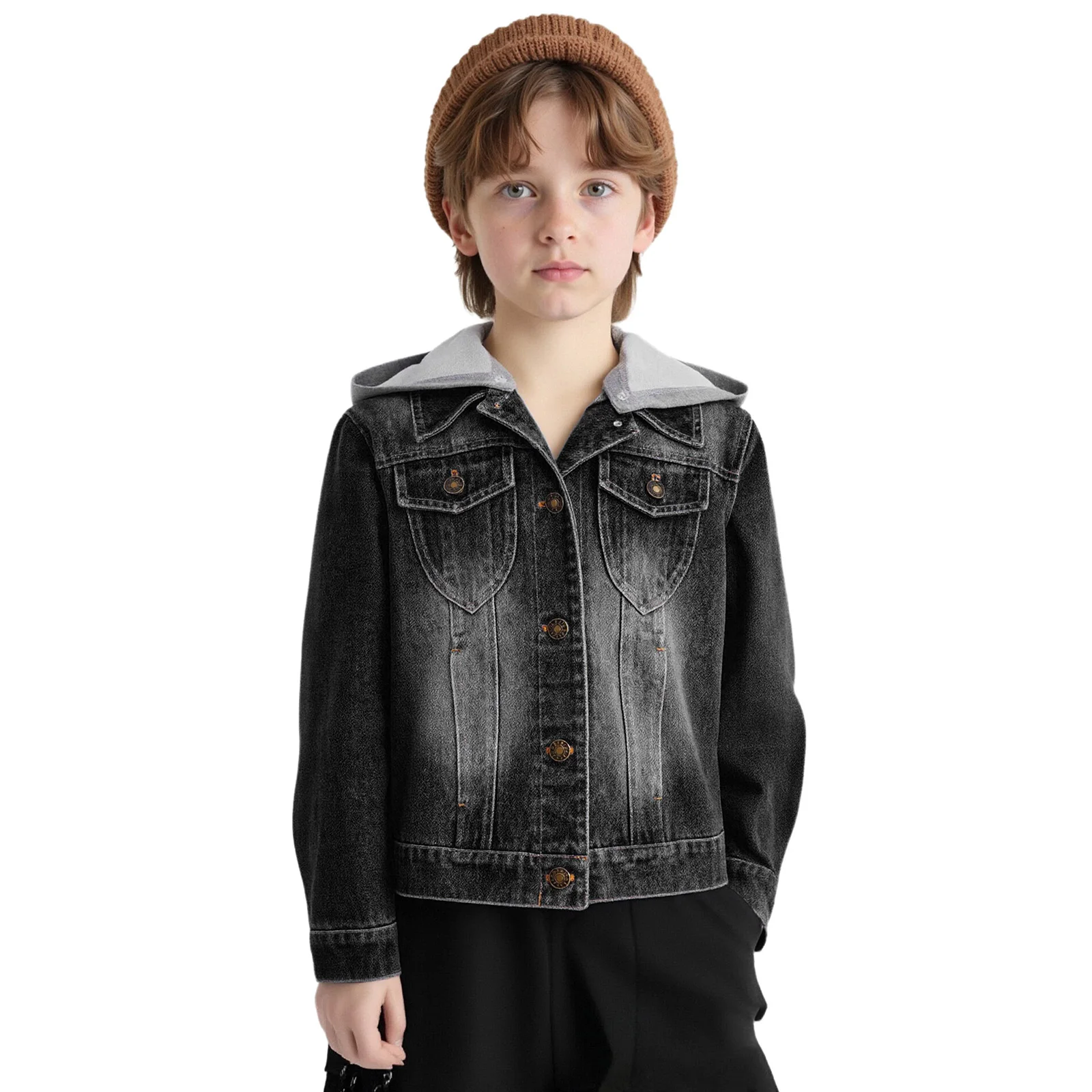 

Kids Boys Girls Denim Jacket Sping Fall Casual Turn-Down Collar Long Sleeves Buttons Pockets Coat with Removable Hood Outwear