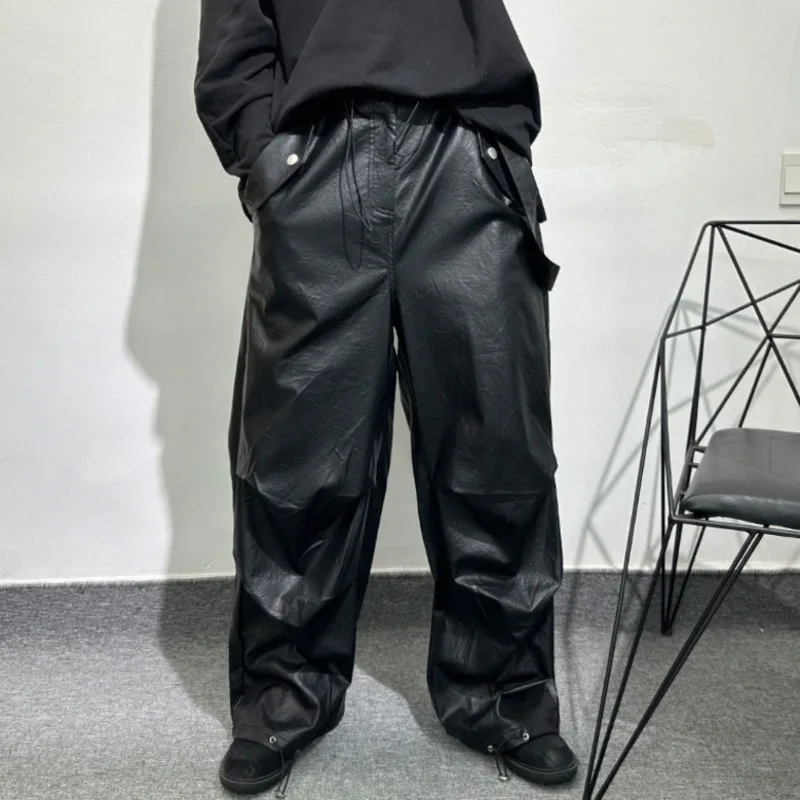 PFNW Punk Style Men's Pants New Leather Ribbon Wrinkle Casual Trousers Straight Wide Leg Male Loose Bottom Fashion Summer 12C209