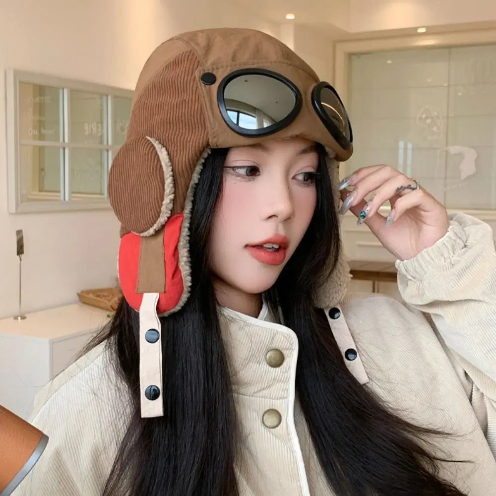 Soft Windproof Winter Pilot Hat With Goggles Anti Fog Beanie Cycling Lei Feng Hat Ear Protection Warm Plush Hat Motorcycle