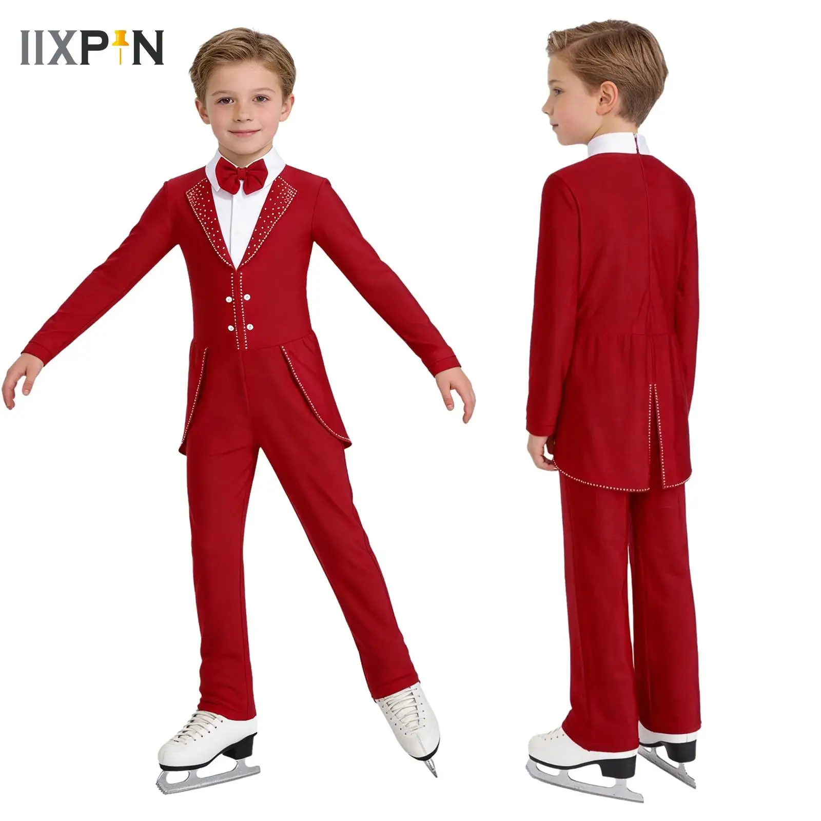 

Kids Boys Latin Dance Suit Figure Skating Competition Long Sleeve Jumpsuit FBallroom Performance Costume Rhinestone Full Leotard