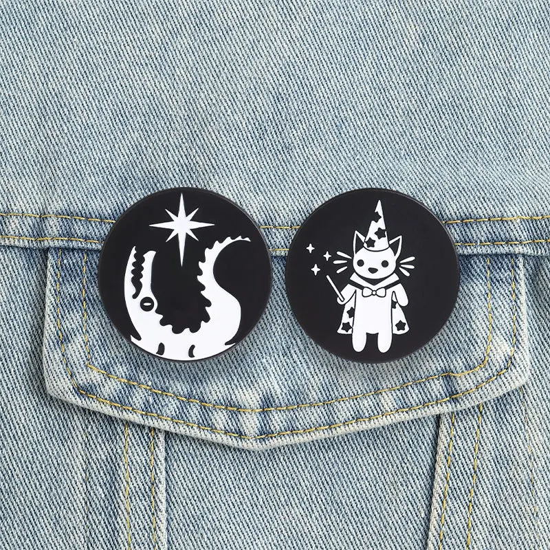 Dark magic animal circular badges, cat crocodile star-patterned alloy pins, accessories for clothing and bags, gifts for friends
