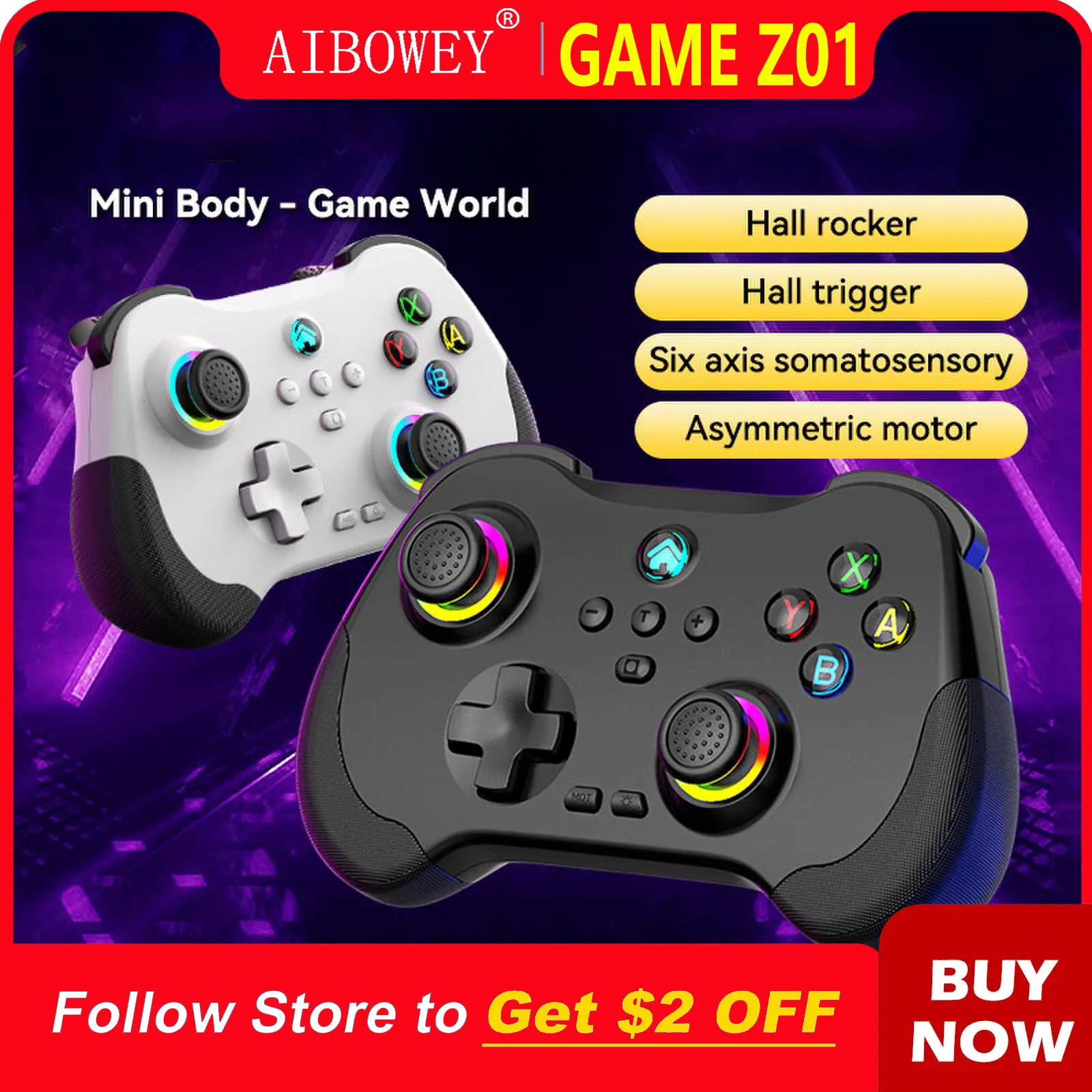 Aibowey Wireless Game Controller Bluetooth 6-Axis Motion Sensor Support Turbo Programmable Hall Joystick for Switch Steam PS3