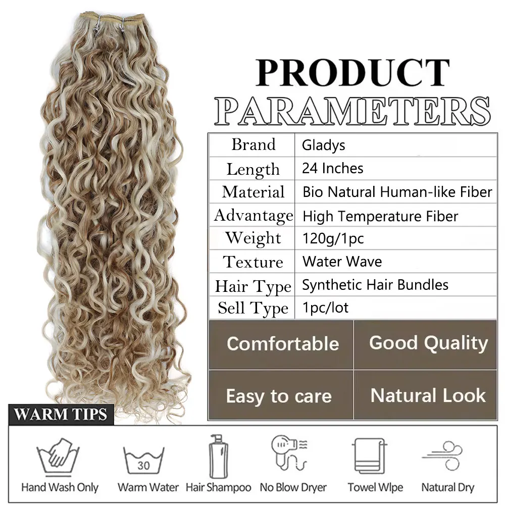 Synthetische Haarbündel, 61 cm, Wasser, Wasser, Klavier, Blond, Hochtemperaturfaser, lockiges Haarteil, Haareinschlagfaden ohne Clip, 120 g/Stück