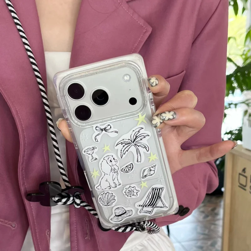 

Clear Cute Dog Beach Coconut Tree Painting Square Phone Case For iPhone 17 Pro 16 15 Pro Max Cover with Lanyard Strap Cartoon Ca