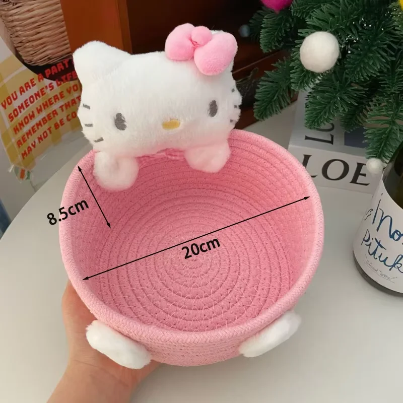 Kawaii Hello Kitty Weave Storage Basket Kuromi Cinnamoroll Girl Sundries Storage Baskets Ornaments Hairpin Toy Cosmetics Storage