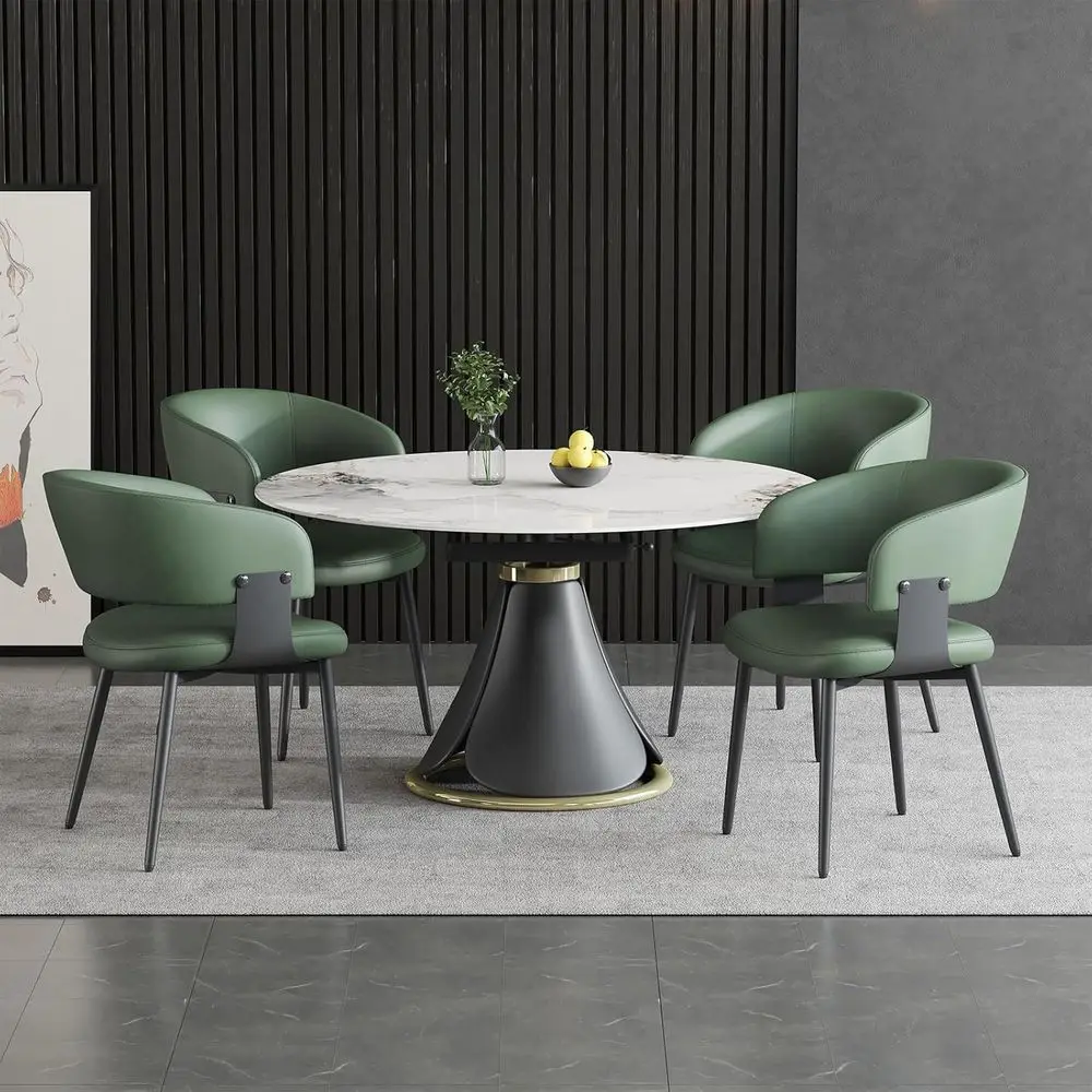 

Set of 4 Green Leather Upholstered Dining Chairs with Curved Back and Metal Legs for Kitchen or Dining Room