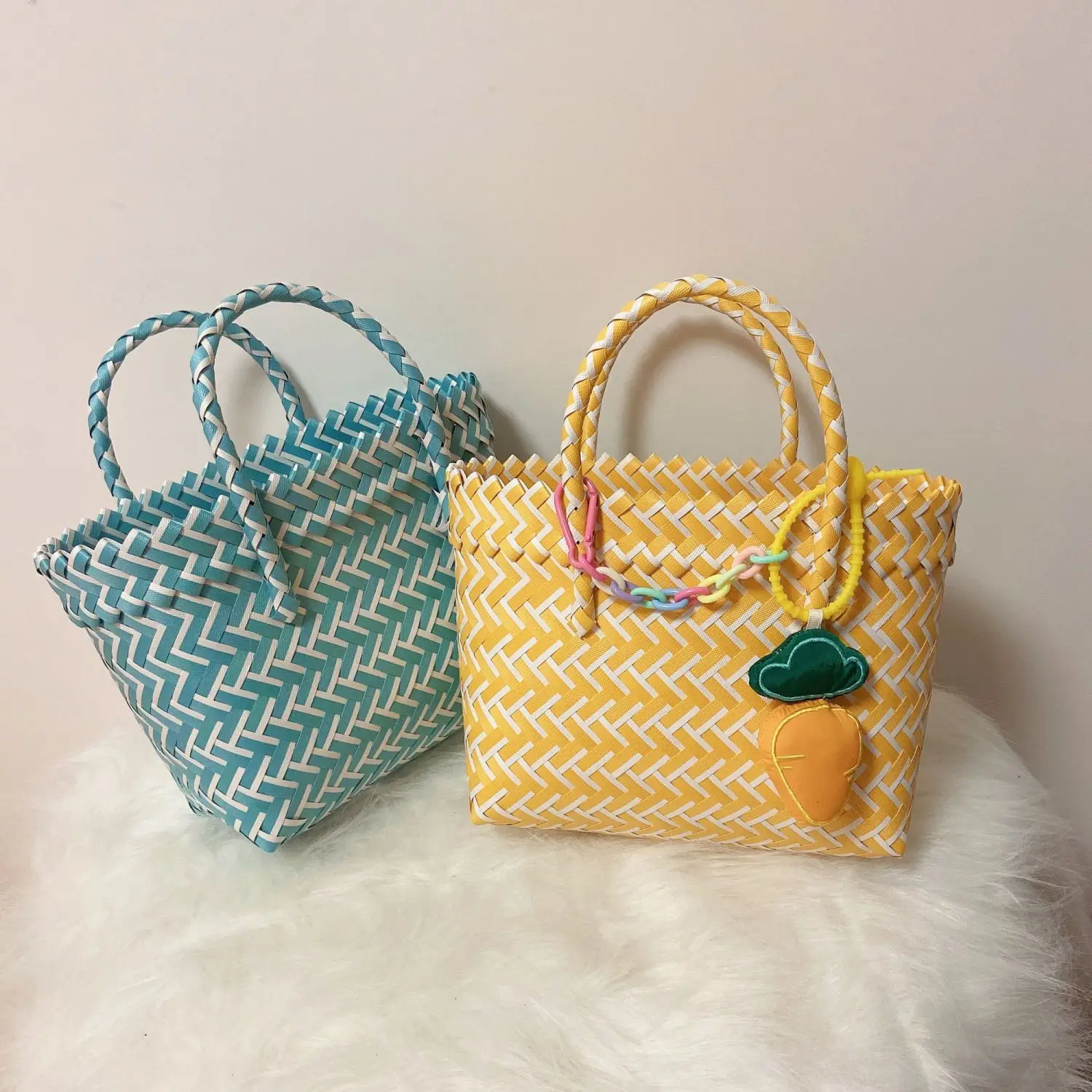 New Hand-woven Basket Portable Vegetable Basket Household Korean Woven Bag Women\'s Bag Beach Bag Shopping Bag