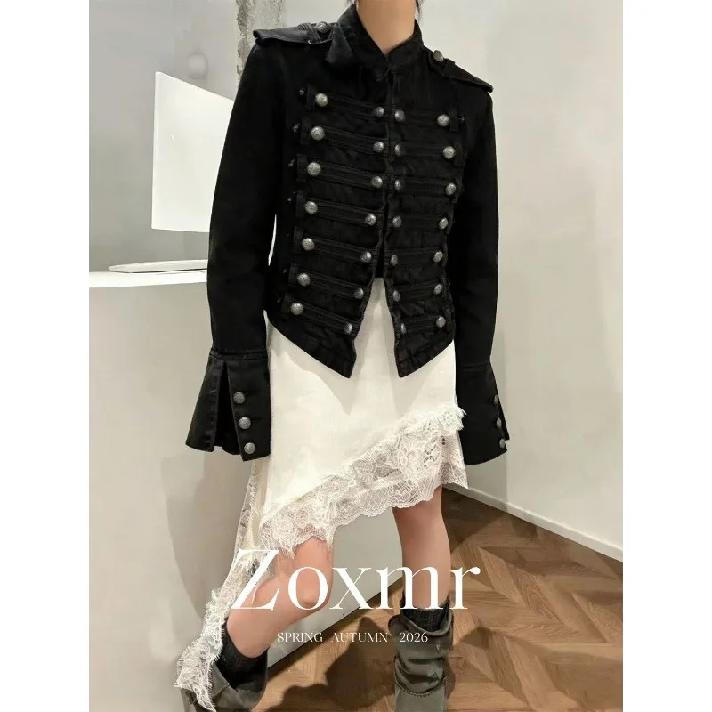 Women's Autumn Spring Top Denim Jacket Straight Shoulder Stand Collar Court Style Bell Sleeves New Minimalist Comfortable Casual