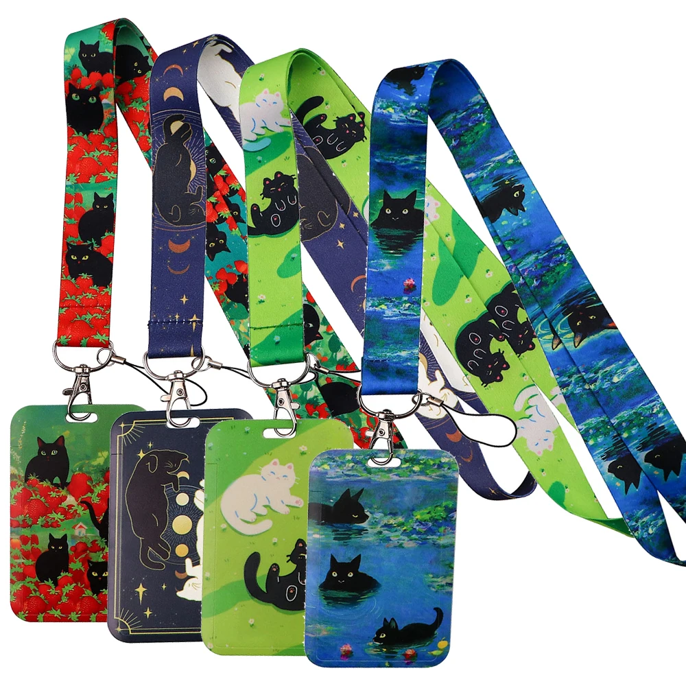

Cute Cartoon Black Cat Lanyard For Keys ID Credit Bank Card Cover Badge Holder Phone Charm Key Lanyard Keychain Accessories