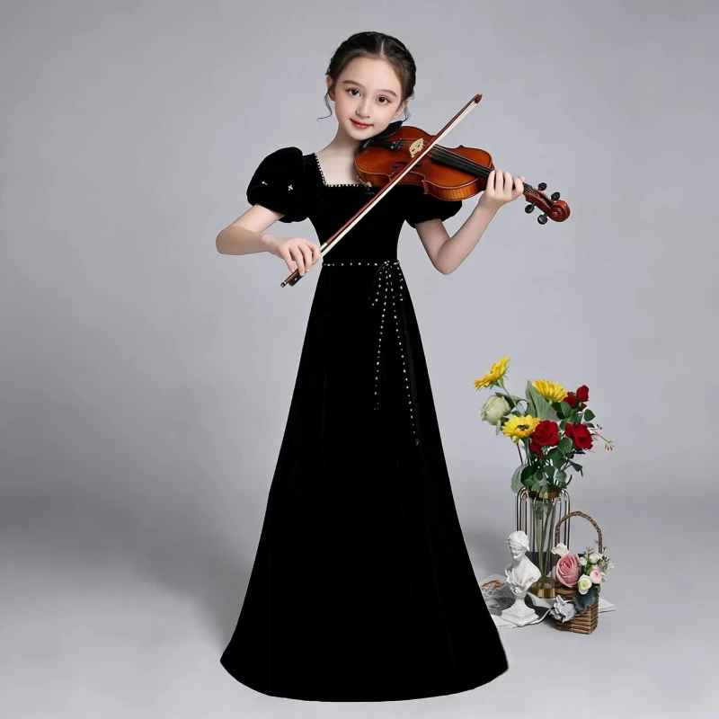 

Velvet Short Sleeve Girls Evening Dress Vestido Children French Style Birthday Model Piano Violin Runway Performance Costume