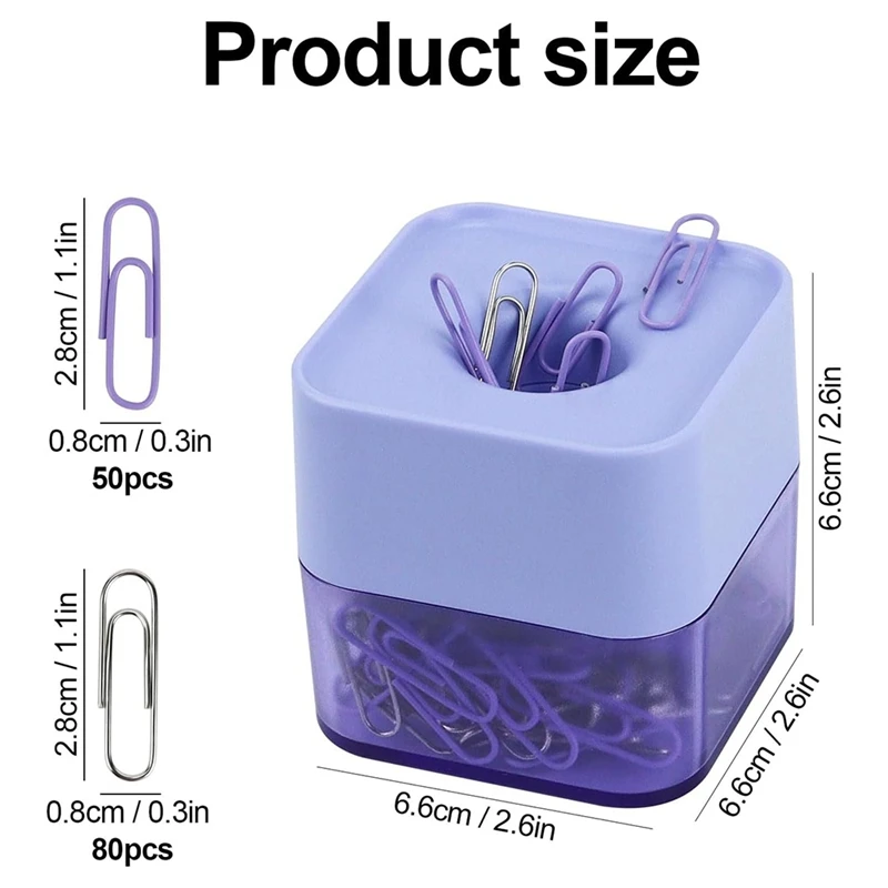 New Two-Color Paper Clips In Elegant Magnetic Frosted Square Clip Holder, 28Mm, 130 Clips Per Box Durable Easy Install (Purple)