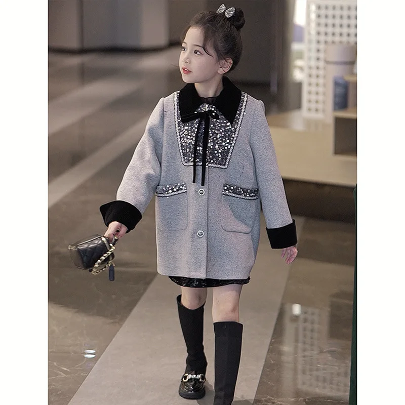 

Girls' Xiaoxiangfeng Woolen Coat Autumn and Winter New Girls' Foreign Style Fashionable Medium and Long Children's Woolen Coat