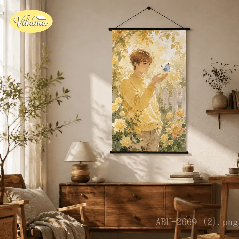 VIKAMA Watercolor Hanging Scroll Boy Watching Butterfly Flower Garden Canvas Poster Wall Hanging Bright Cottagecore Decor