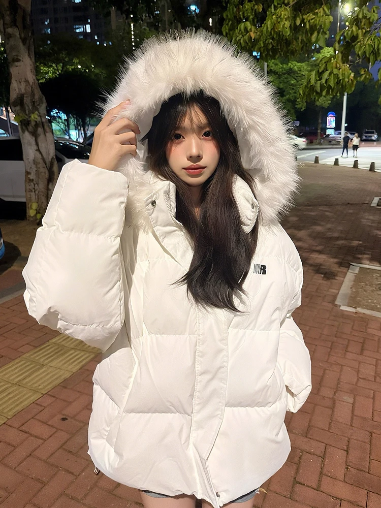 معطف أبيض بياقة من الفرو قابل للفصل بغطاء للرأس من القطن Jaet للسيدات شتوي كوري فضفاض معطف قطني للخبز الدافئ #1