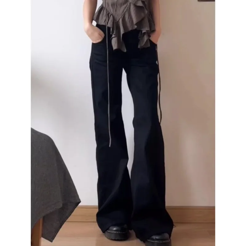 Botvotee Low Waist Jeans Y2K Black Flare Washed Vintage Casual Minimalist Denim Pants Grunge Solid Color Street Retro Trousers