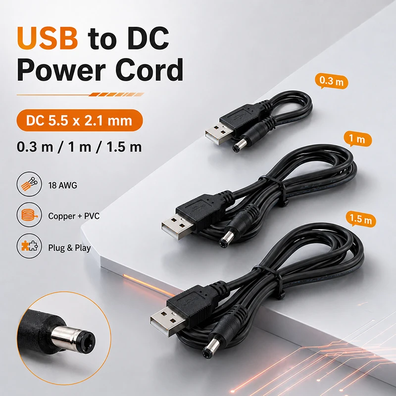 18awg USB male to 5.5x2.1mm 5 Volt DC male Barrel Jack Power charge Cable 0.75m2 30cm 1m 1.5m 3ft plug USB connector E