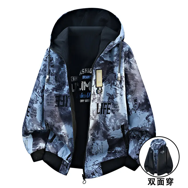 The new spring 2026 collection features a double-sided graffiti-style men's loose hooded jacket with a fashionable and casual