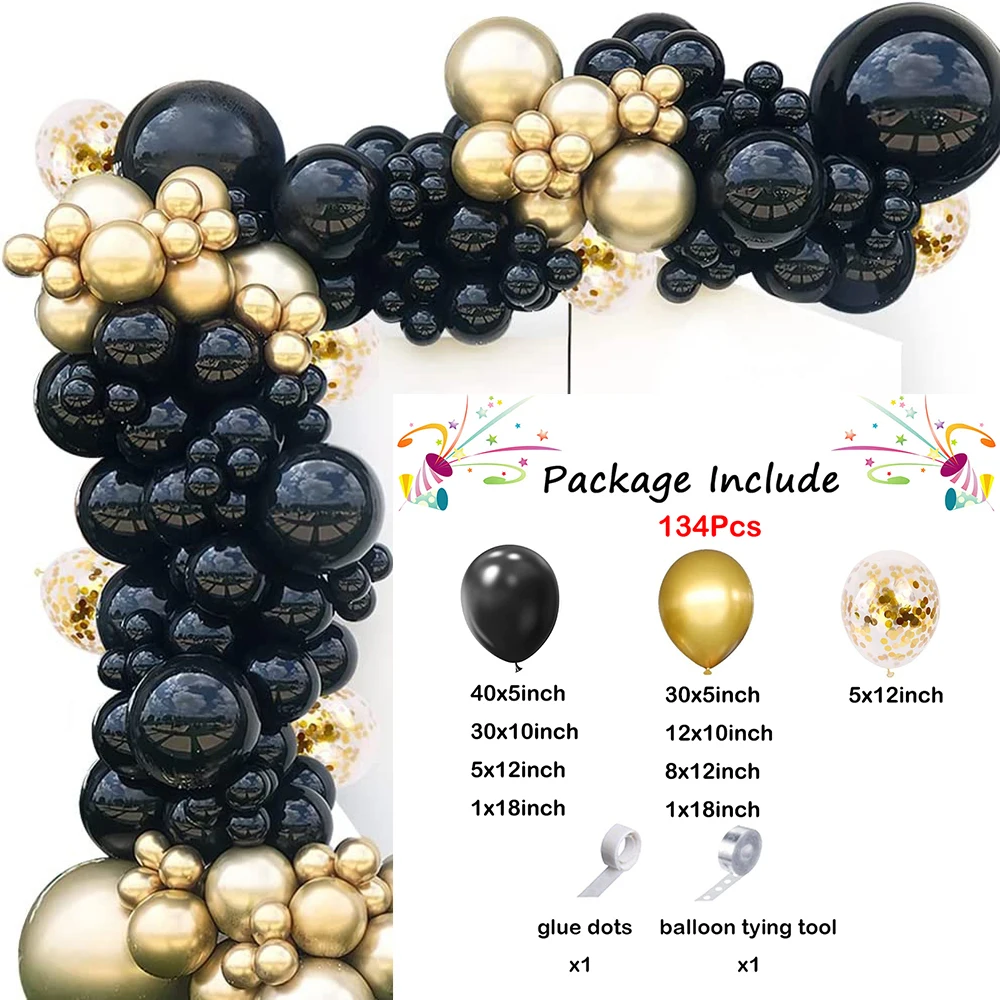 134Pcs Black Balloon Garland Kit Arch Metallic Gold Confetti Latex Balloons Wedding Bridal Baby Shower Birthday Party Decor