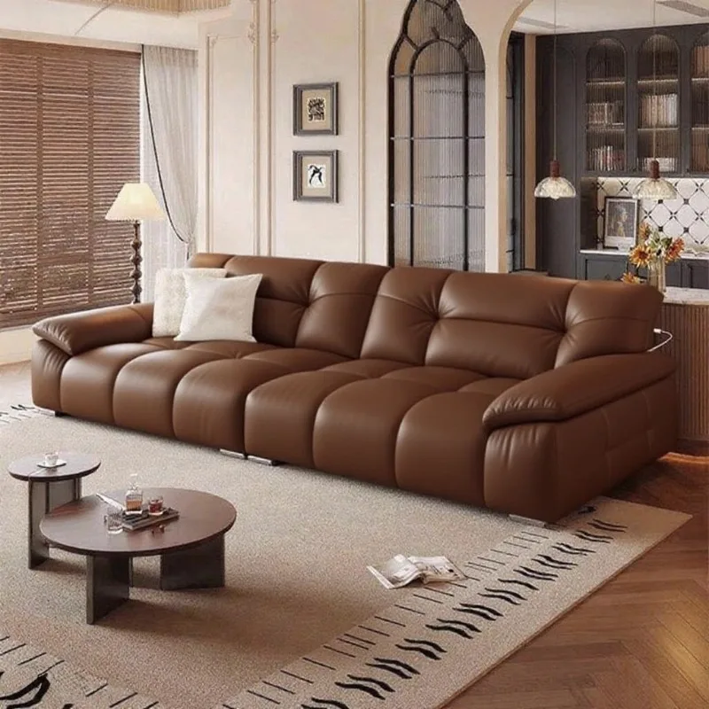 French retro cloud leather sofa living room home straight row large sitting deep with charging, ear leather art sofa