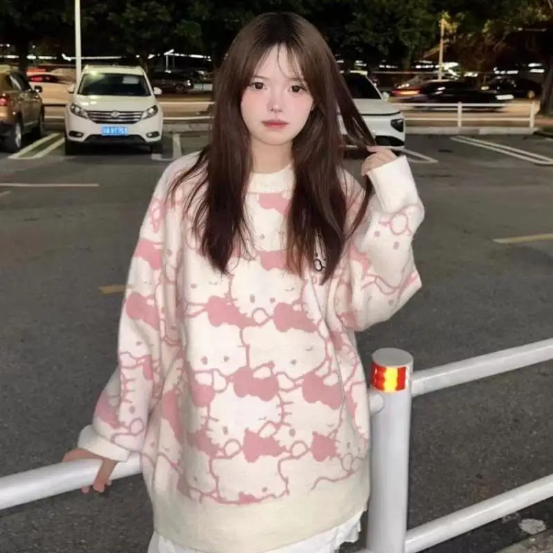 Kawaii مرحبا كيتي سترة سانريو فتاة الرجعية الخريف والشتاء معطف كلية نمط الحياكة سترة سترة جديدة الكرتون فضفاض Y2K