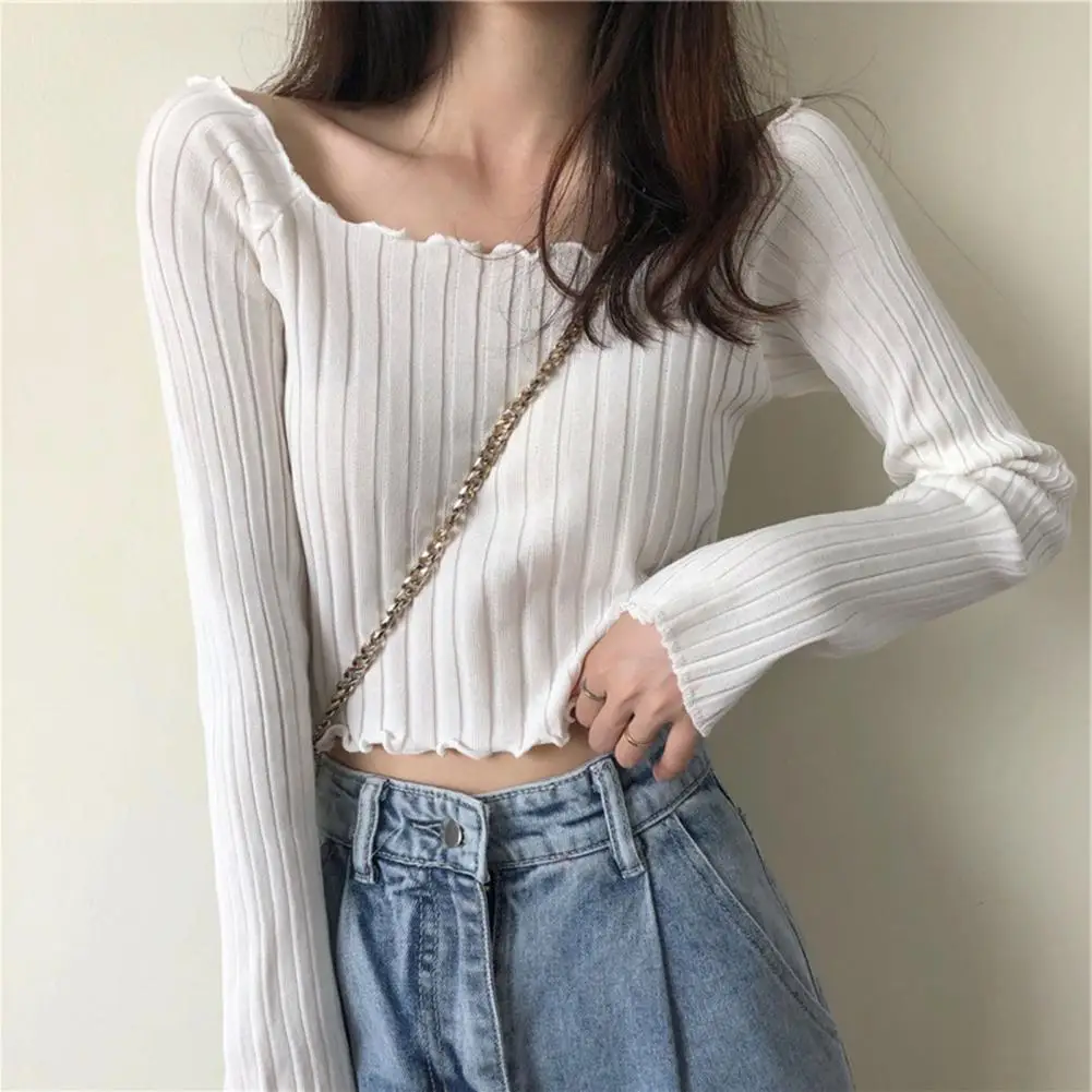 

Women Short Top Knitted Long Sleeve Shirring Edge Korean Style Slim Fit Elastic Bottoming Cropped Blouse Lady Winter Shirt