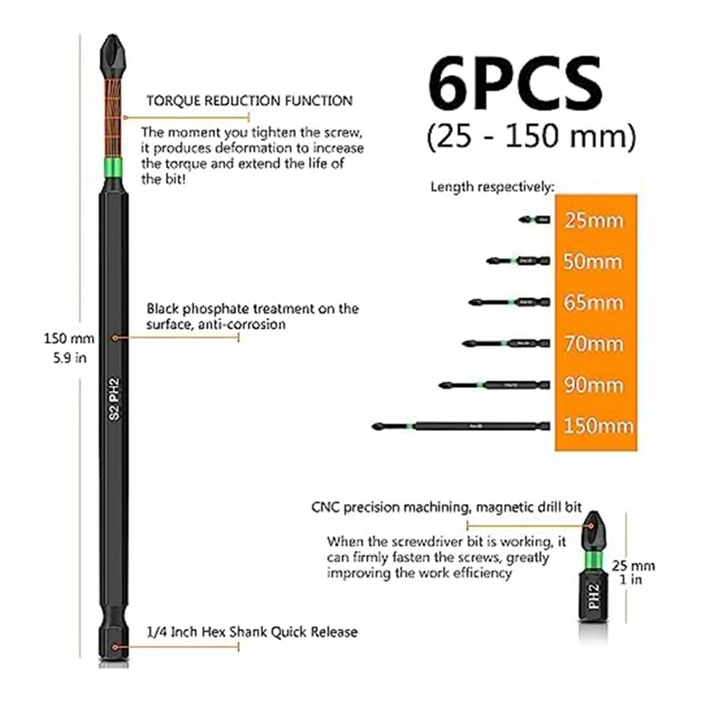 12 Pcs Magnetic Screwdriver Bit Set, S2 Alloy Steel Material Impact Screwdriver Bits, 1/4 Inch Hex Shanks (25-150Mm) Easy To Use