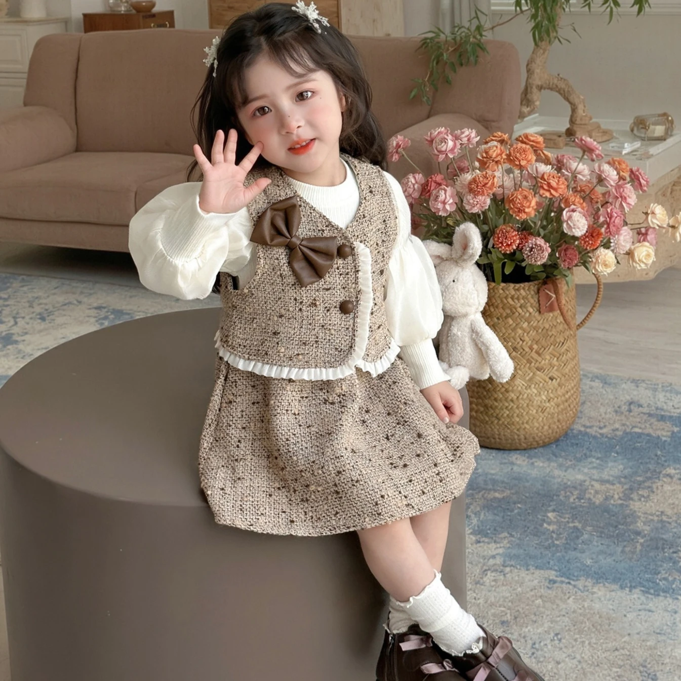 

Girls Suit 2025 Autumn New Children's Clothing Korean Style Girl Baby Temperament Vest Dress Two Sets of Casual Simple All Match