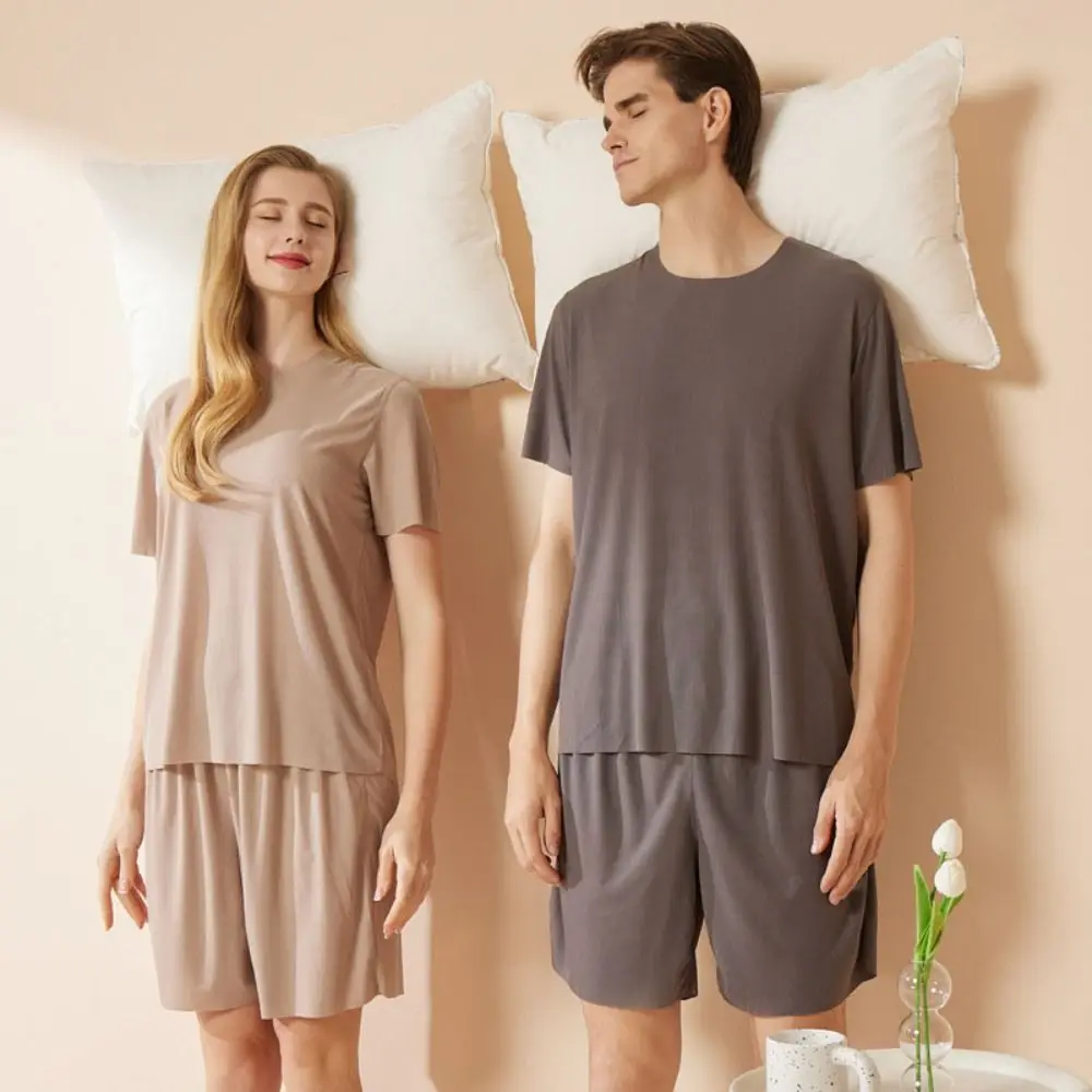 Home Clothes Seamless Short Sleeve Sleepwear Suit Loose Ice Silk Men Summer Pajamas Home Wear Simple 2Piece Nightwear Set Summer