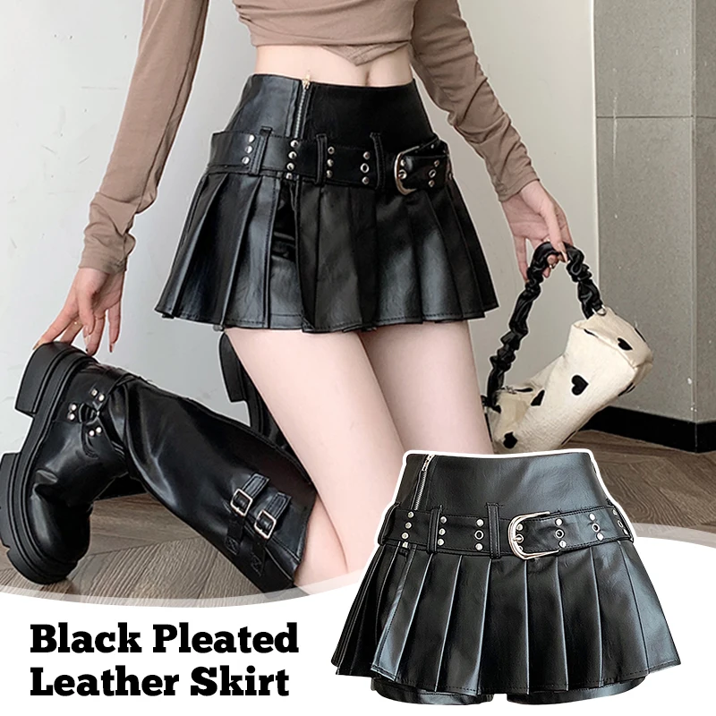 

Women's Black Gothic A-line Pleated Leather Skirt Y2k Mini Shorts Skirts Harajuku Korean Emo Skirt Vintage Clothes Summer 2025