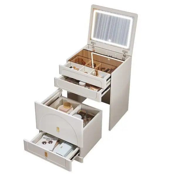 طاولة تزيين 3 في 1، مرآة قابلة للطي، إضاءة 3 ألوان، سطح طاولة زجاجي، 3 أدراج، مقعد تخزين، غرفة نوم صغيرة