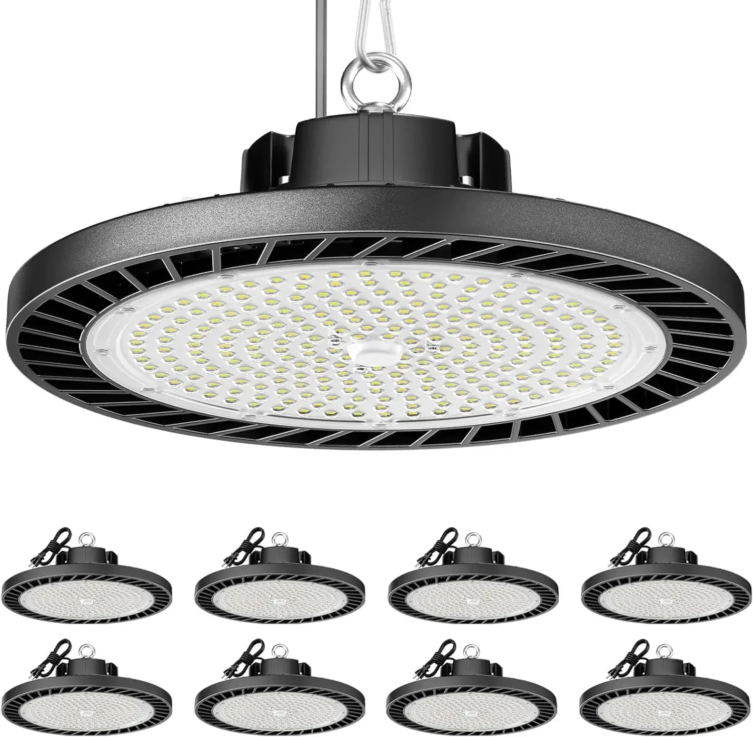 

Комплект из 8 светодиодных светильников High Bay 200W, 30000LM 6500K UFO, для складов и мастерских, AC100-277V с вилкой, промышленные, для производственных помещений