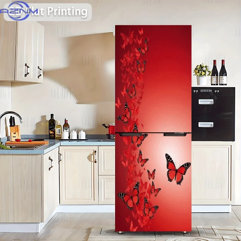 of Refrigerator Sticker Measuring 60X180 Cm Featuring a Group of Butterflies on a Red Background, Self-Adhesive Wall Decor Sui