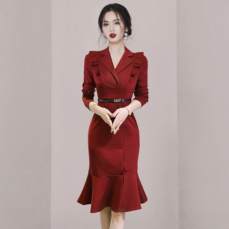 

High Quality 2023 New Spring Autumn Women Elegant Fashion Notched Collar Double Breasted Long Sleeve Belt Office Mermaid Dresses