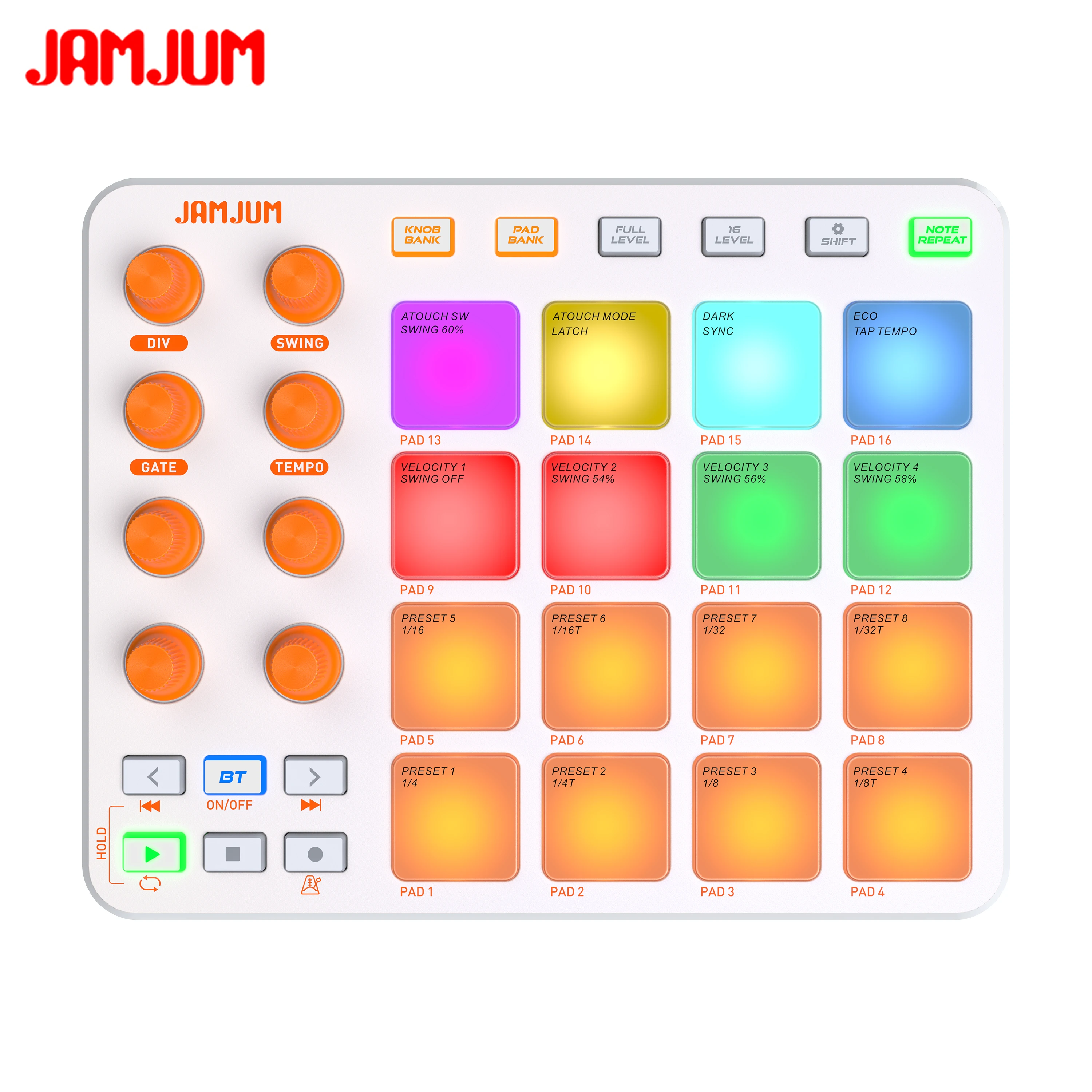 

Беспроводной MIDI-контроллер JAMJUM с 16 RGB-подсветками, интерфейсом USB-C, портативный дизайн, компактный MIDI-пад