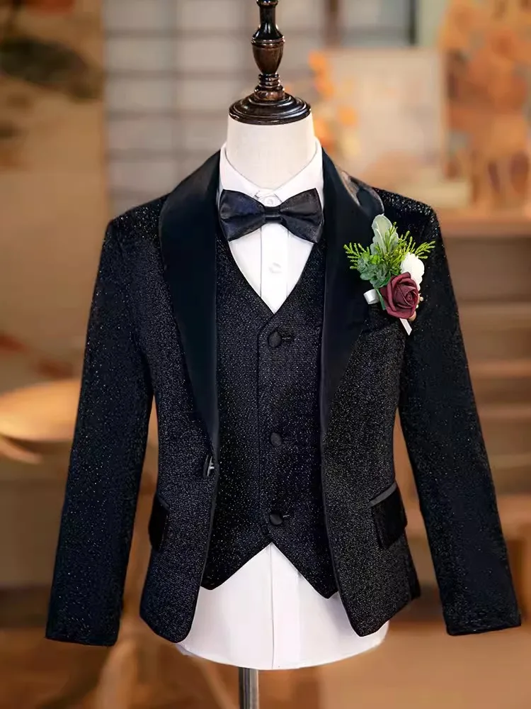 Children Luxurious Performance Costume Kids Wedding Tuxedo Dress Boys Black Shining Jacket Vest Pants Host Photography Suit