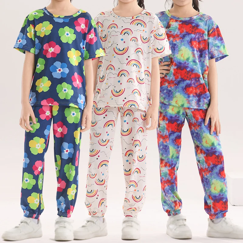 

2/3 шт., летний праздничный костюм с принтом тай-дай для девочек, повседневные модные удобные брюки с цветочным принтом и круглым вырезом, с короткими рукавами, защищающие от комаров