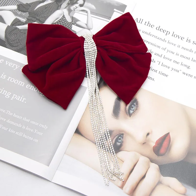 New Korean Velvet Elegant Women Bow Hair Pins Fabric Rhinestone Tassel Hair Clips for Girl Spring Clip Hair Accessories