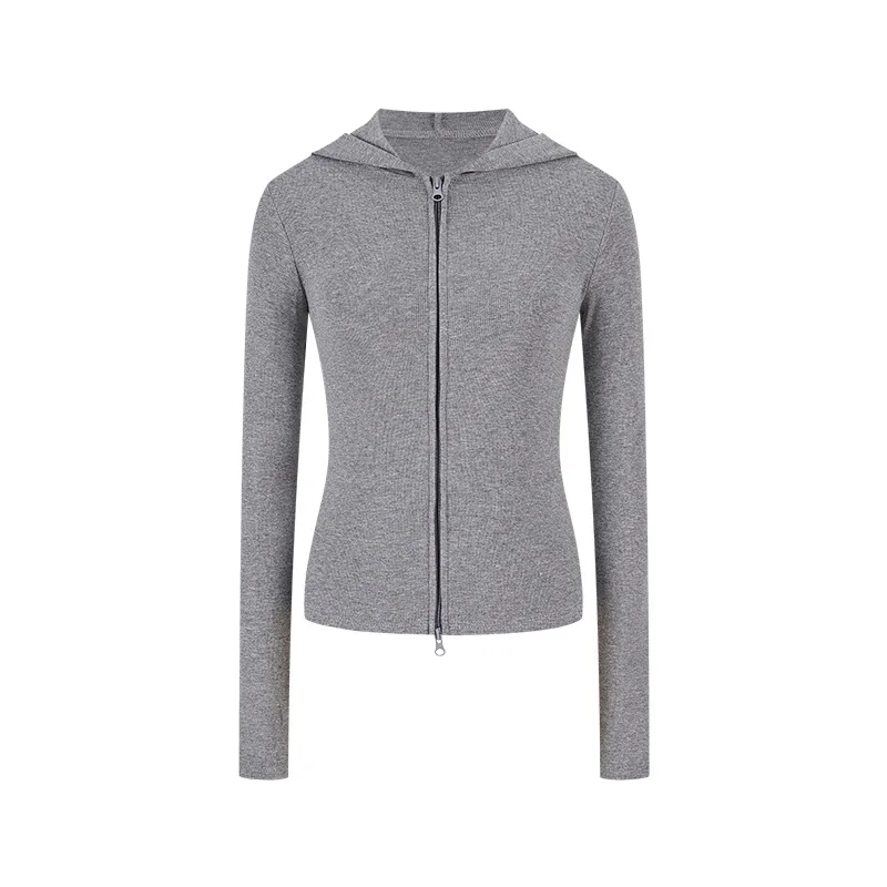 Damska bluza z kapturem na jesień 2025, nowa, dopasowana, jednolita, dzianinowa kardigan, koreański uniwersalny top.