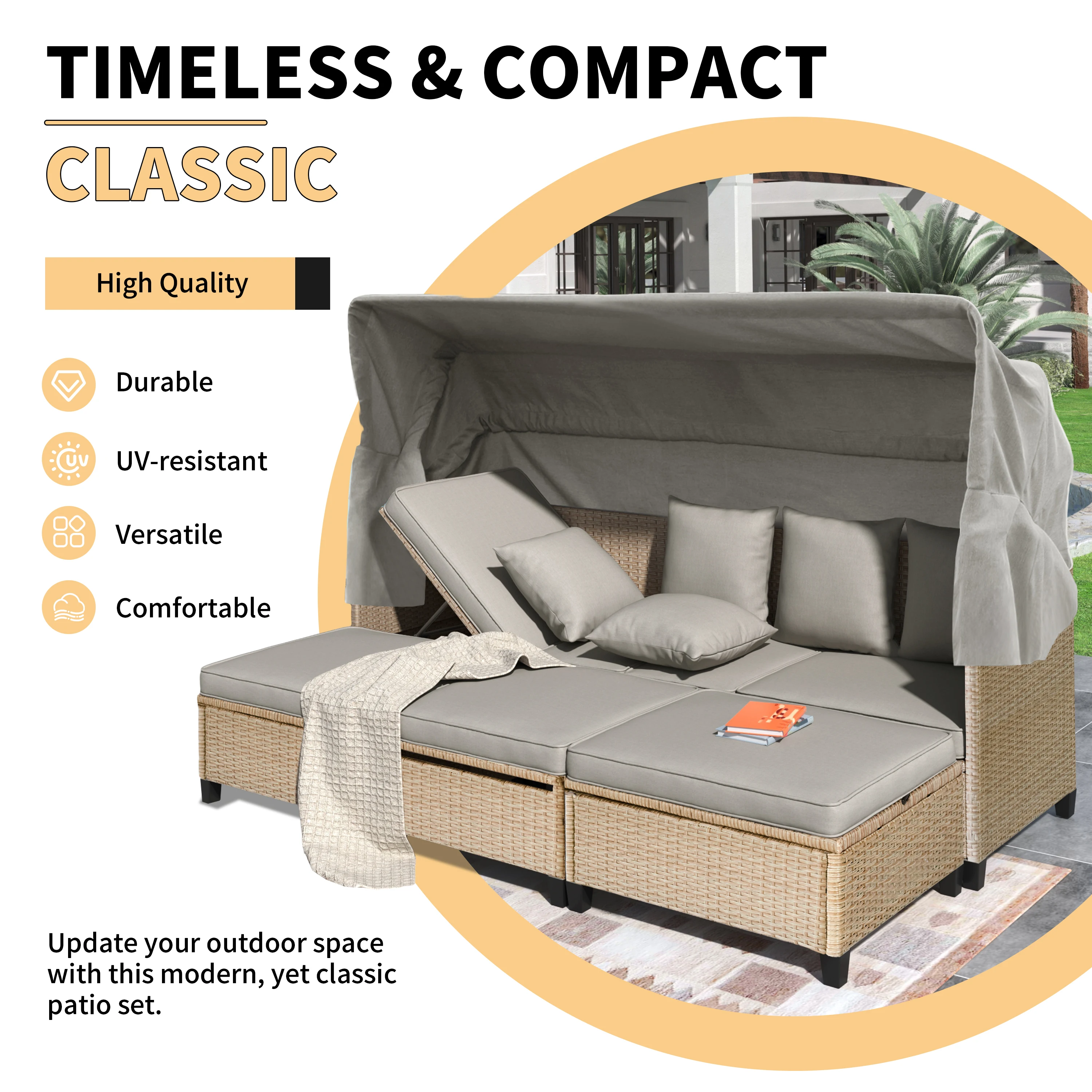 TOPMAX 4-Piece UV-Proof Resin Wicker Patio Sofa Set With Retractable Canopy Cushions Lifting Table-Brown