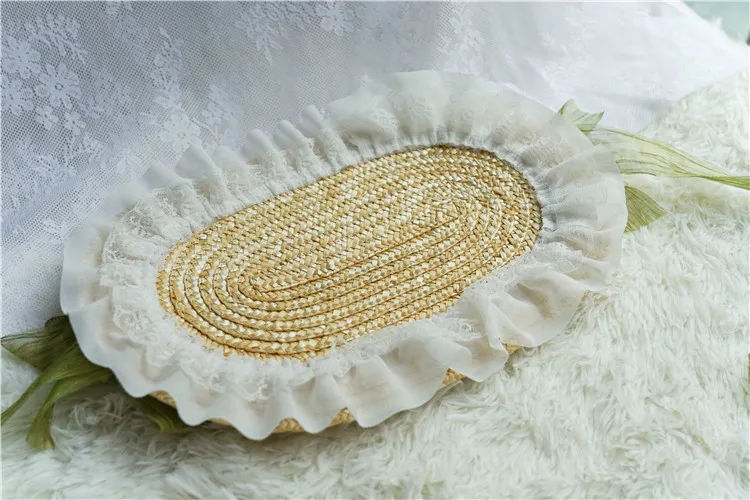 Lolita Bonnet Straw Hat Lace Trim Sun Hats sweet Lace Ribbon Elegant Tea Party Floral Cosplay