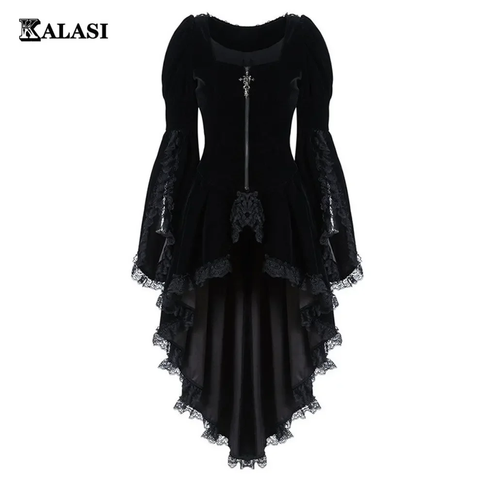 Women Gothic Long Sleeve Cross Irregular Velvet Tuxedo Dresses Lace Hem Medieval Ladies Witch Dress Lolita Cosplay Costume
