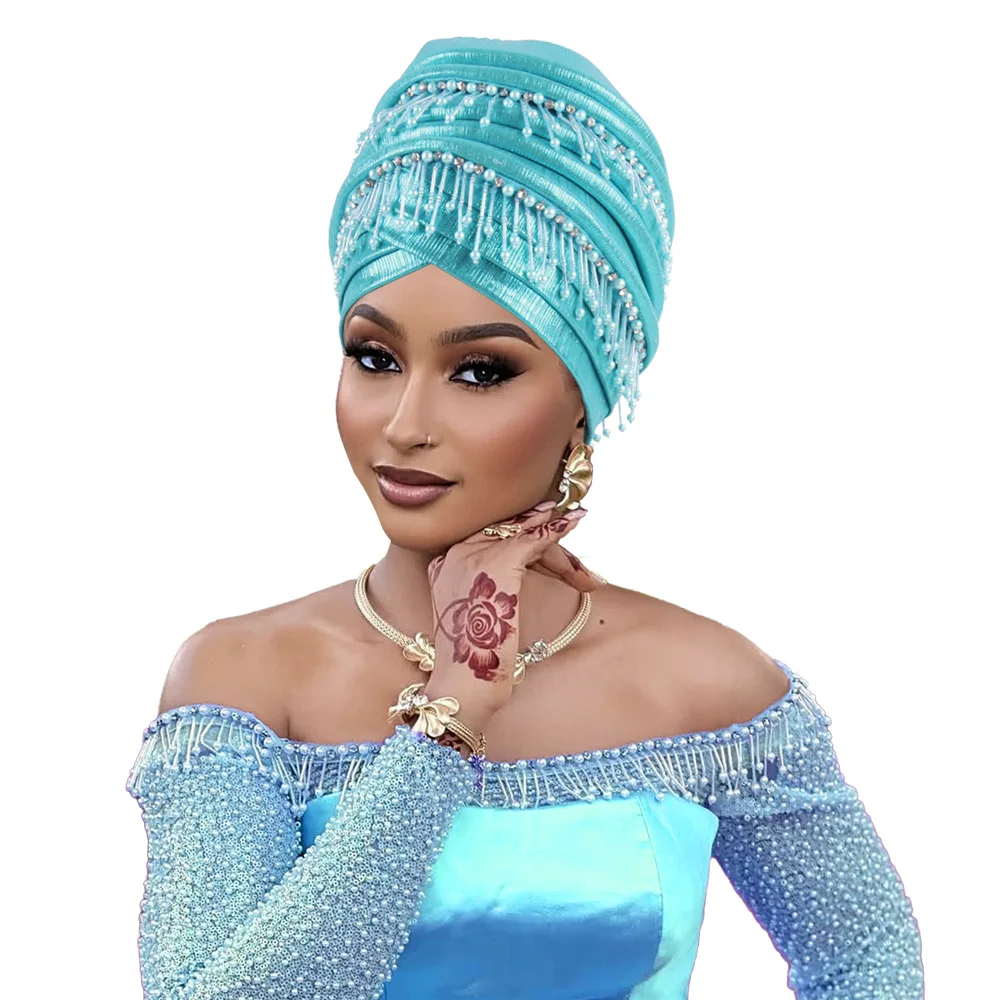 

Тюрбан с кисточками и бисером для женщин, элегантный африканский авто геле, головной убор, женский головной убор, капот, свадебная вечеринка, тюрбан Mujer