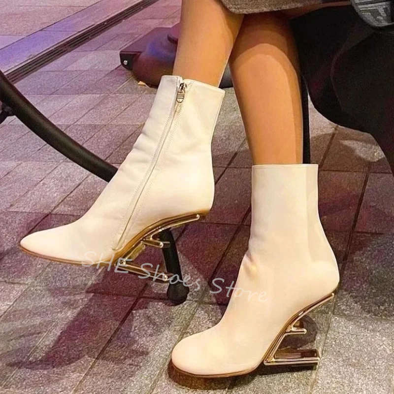 Women Genuine Leather Strecth Boots Fashion Strange Heel Round Toe Wedges Zipper Shoes Ankle Boots Catwalk Ladies Short Boots