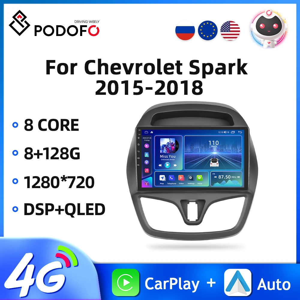 Podofo Android 2din Car Radio For Chevrolet Spark 2015-2018 Multimedia Video Player GPS Navigation Wireless Carplay 4G WIFI DSP